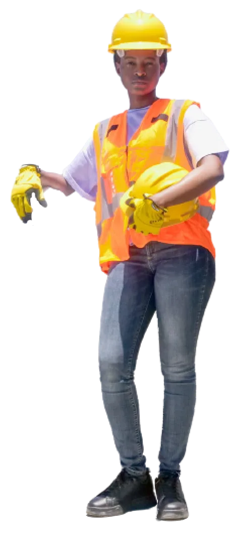 High-visibility construction worker with safety helmet and gloves, standing confidently.
