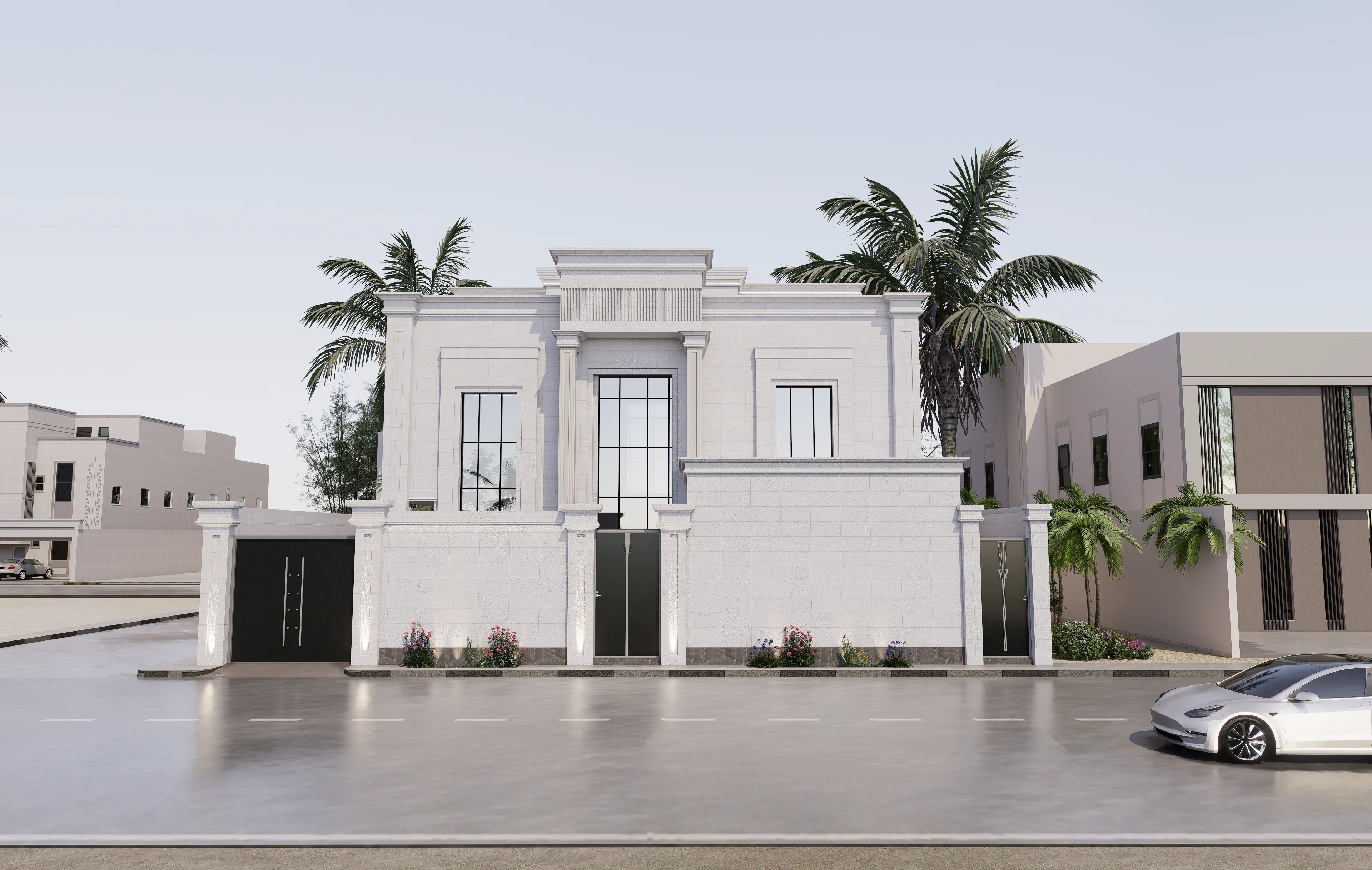 Elegant white modern villa with palm trees and sleek architecture, luxurious residential design.