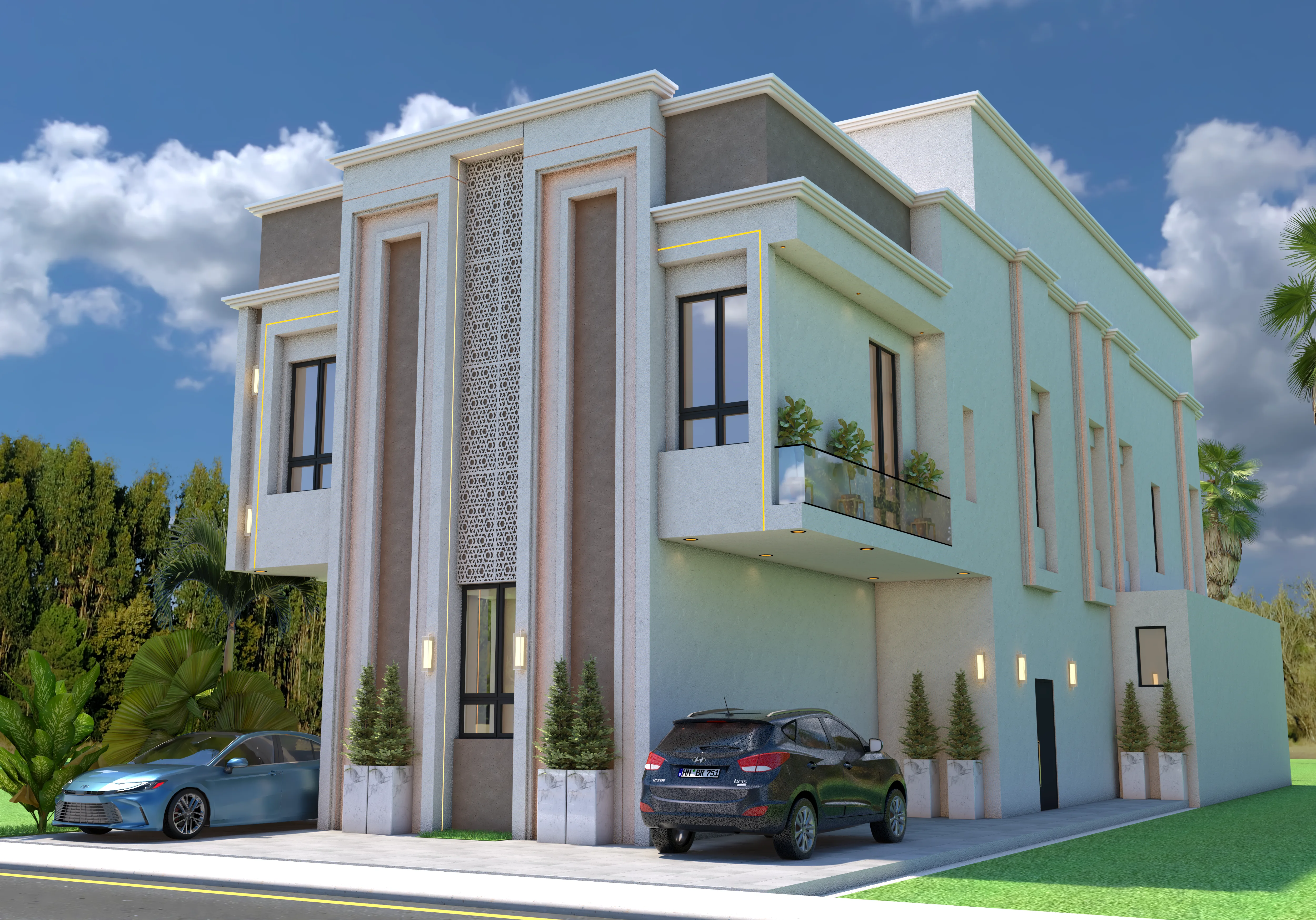 Luxury architectural villa with stylish exterior and spacious balconies for outdoor living.