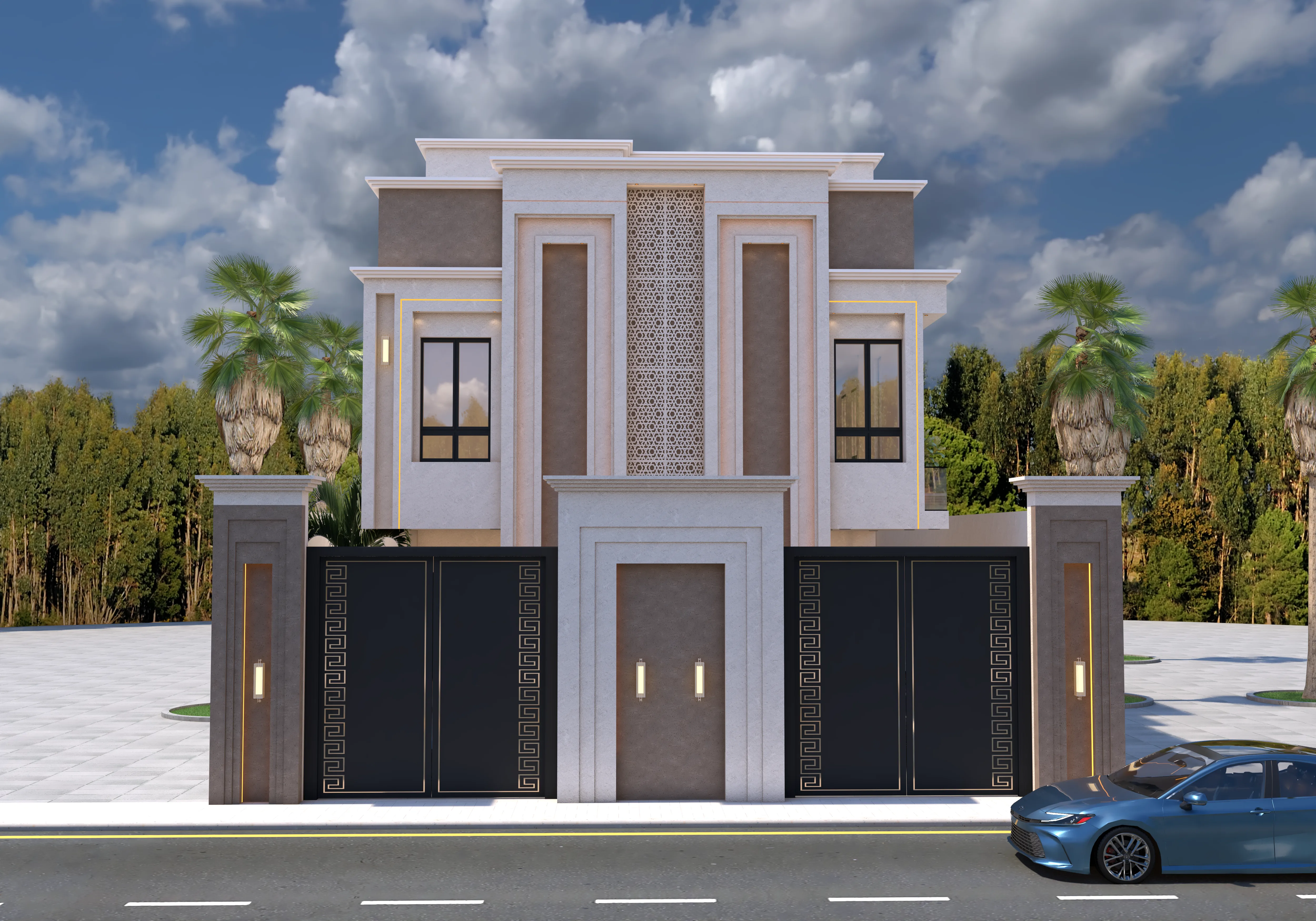 Modern luxury villa with impressive design, palm trees, and sleek black gates, set against a lush green backdrop.