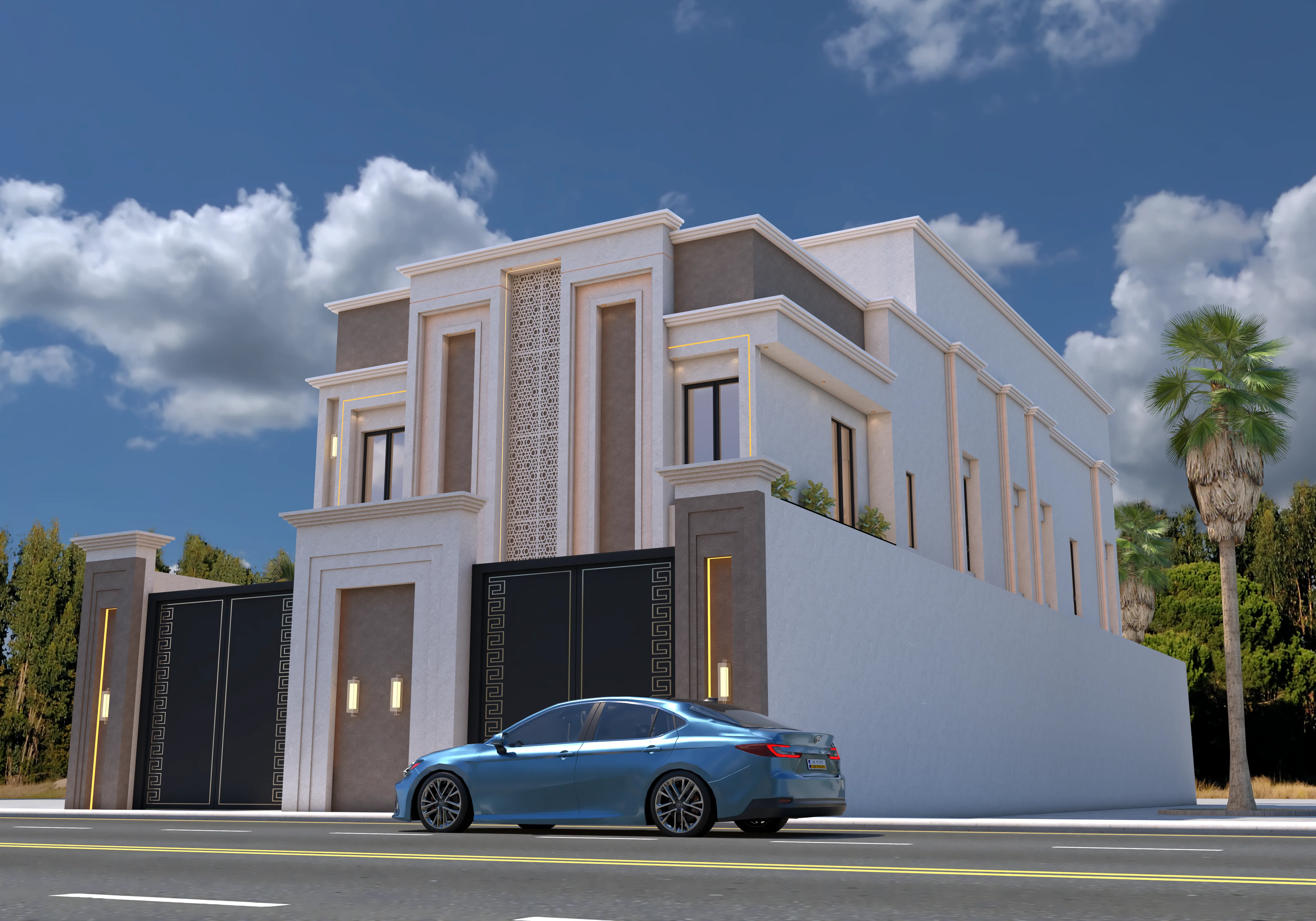 Stunning contemporary house with elegant gates and palm trees, luxurious residential design in a scenic setting.