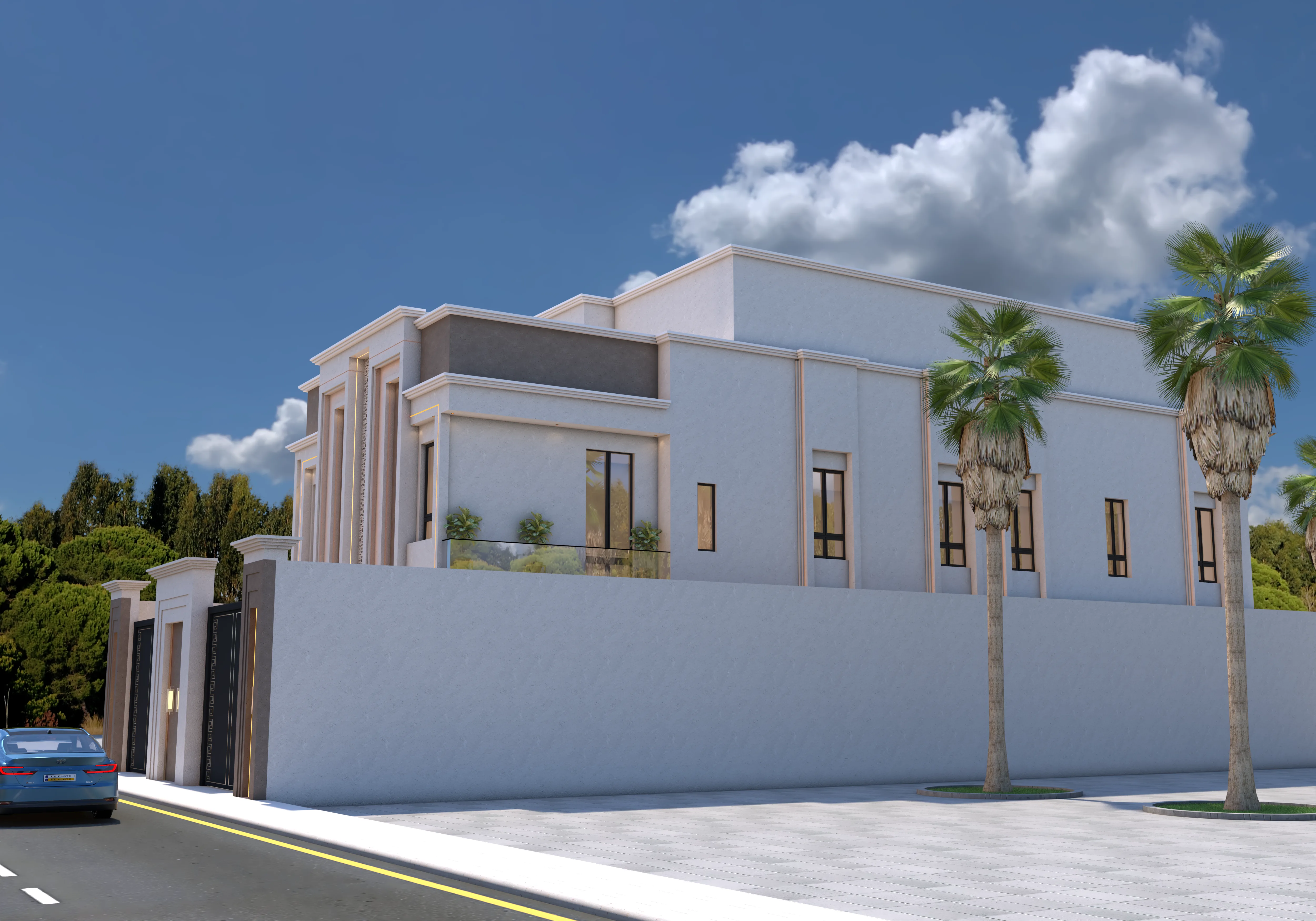 Modern villa exterior with palm trees, white facade, large windows, and stylish Mediterranean-inspired architecture.