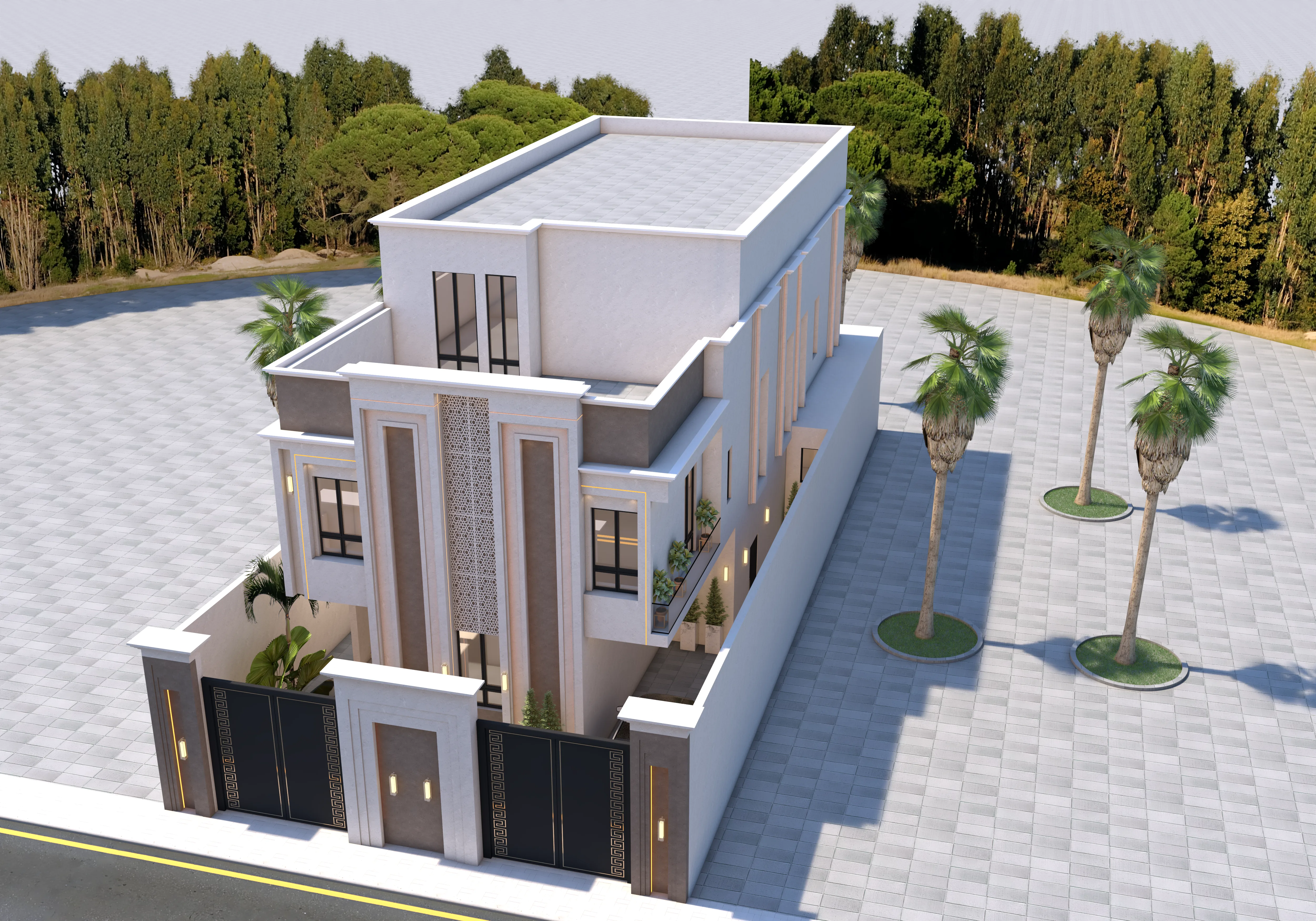 Elegant luxury villa with palm trees, modern design, and spacious outdoor area.